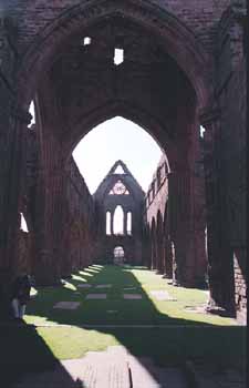 Looking down the long aisle of the church